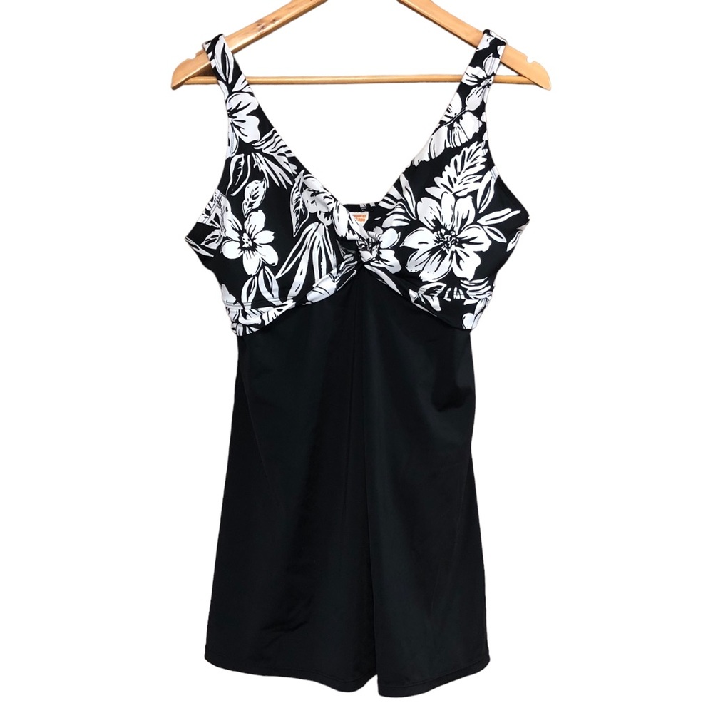 Tropical Escape Black & White Floral Swim Dress Size 14